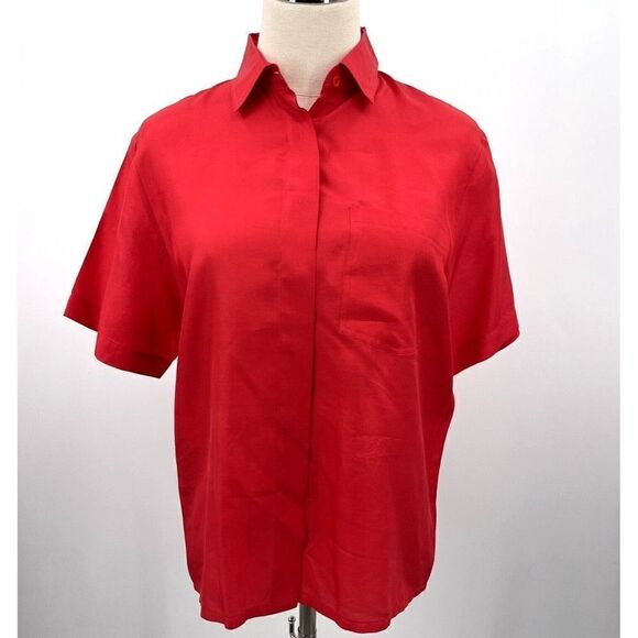 Pierre Charbonnier vintage woman’s top sz 12 pure silk cherry red button up BoxB - Picture 1 of 3